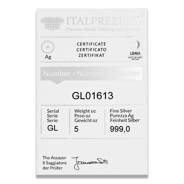 Lingote de Plata Pura 5 oz - certificado - Italpreziosi