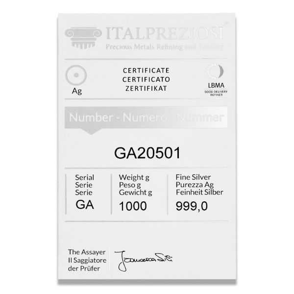 Lingotto Argento 1 kg - certificato - Italpreziosi