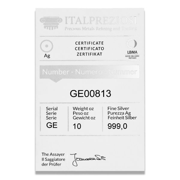 Pure Silver Bar 10 oz - certificate - Italpreziosi