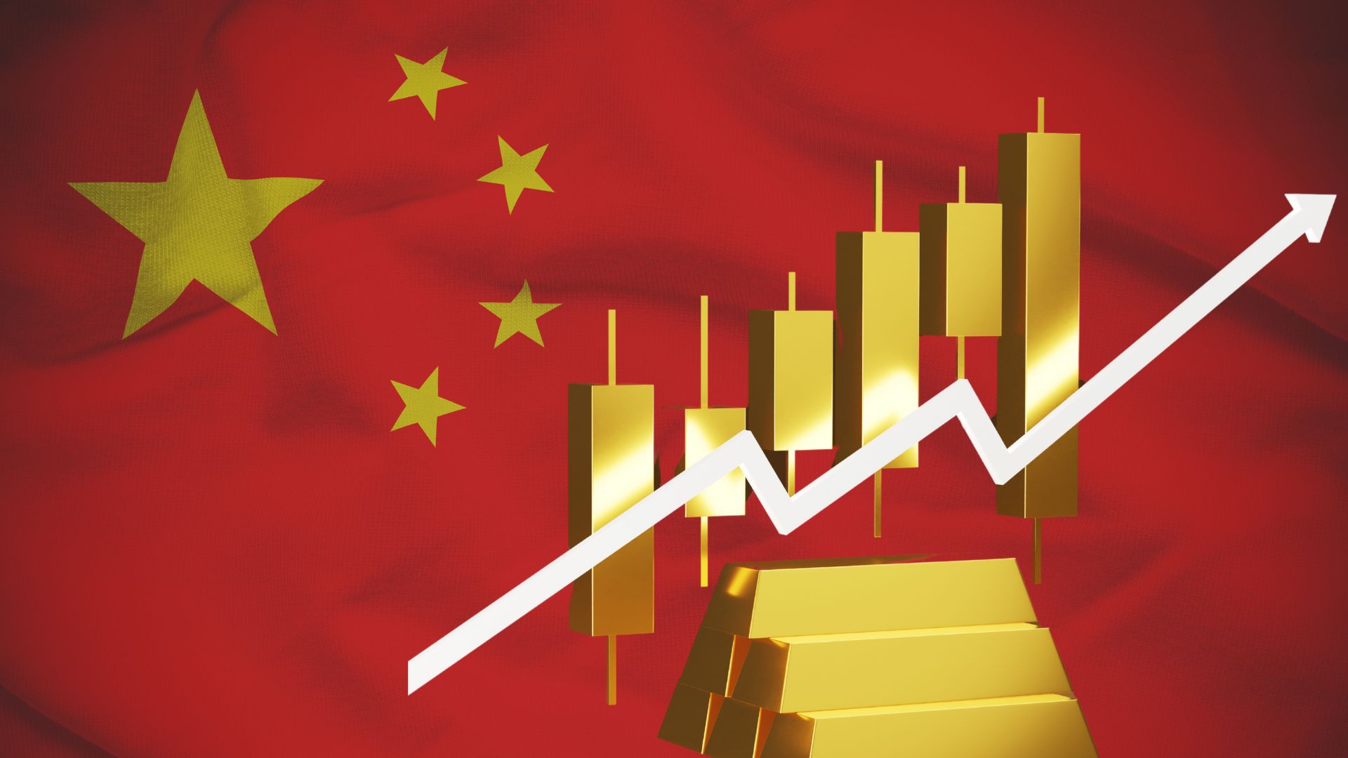 grafico che indica l'andamento del prezzo dell'oro, sullo sfondo della bandiera cinese