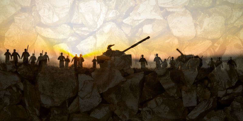 Illustrazione che rappresenta un orizzonte al tramonto in cui si delineano le sagome di soldati e di un carro armato