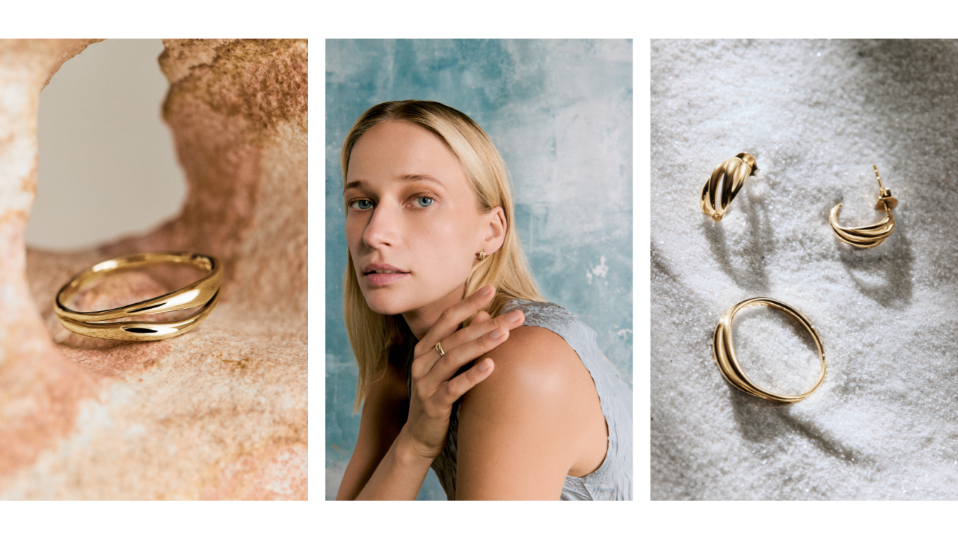 set di tre foto della collezione salmon gold di Mejuri